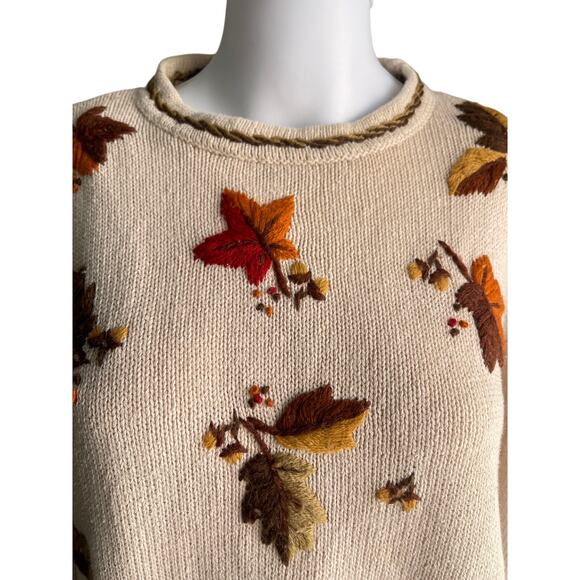 Vintage All Points Sweater Fall Leaves Medium Beige Orange Cotton Knit - Picture 7 of 8